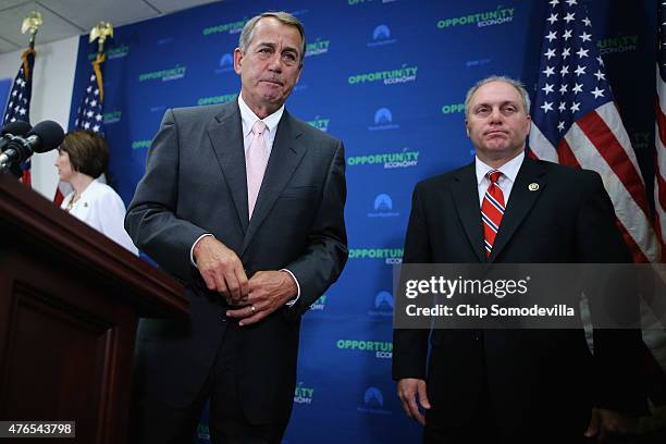 Speaker of the House John Boehner and House Majority Whip Steve Scalise leave after a news conference following the weekly House GOP conference...