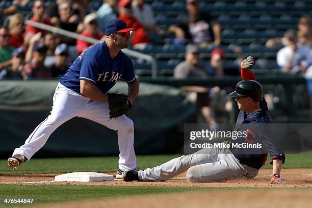 Elliot Johnson of the Cleveland Indians slides into third base with a triple in the top of the sixth inning against the Texas Rangers at Surprise...