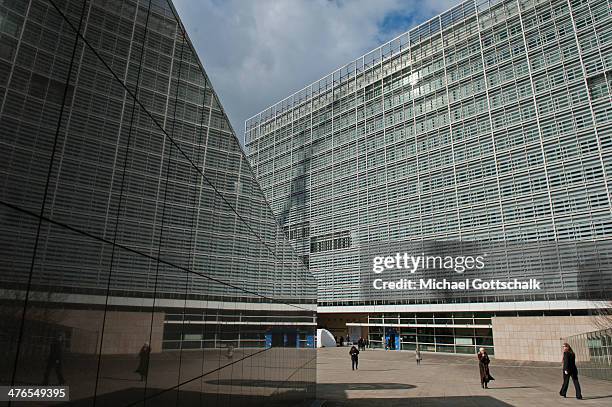 The building of the European Commission is reflected in a wall on March 03, 2014 in Brussels, Belgium. European Union foreign ministers were to hold...