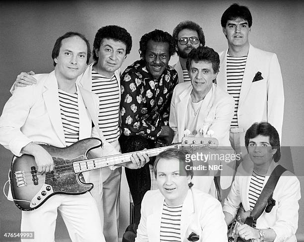 Pictured: Unknown, Jerry Corbetta of the Frankie Valli and the Four Seasons, musician Chuck Berry, John Paiva , Gerry Polci , Frankie Valli, Bob...