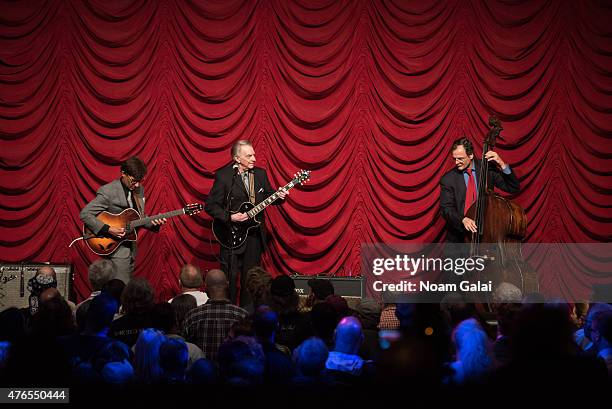 Frank Vignola, Lou Pallo and Gary Mazzarati perform during Les Paul's 100th anniversary celebration at Hard Rock Cafe - Times Square on June 9, 2015...