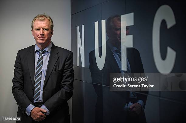 Newcastle United's New Head Coach Steve McClaren poses for photographs with the NUFC sign at St.James' Park during the Newcastle United Photo call on...
