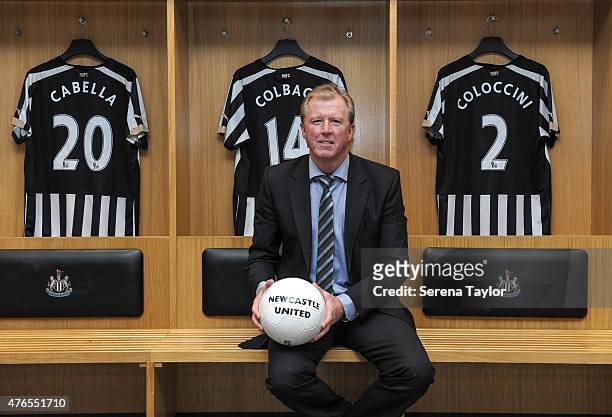 Newcastle United's New Head Coach Steve McClaren poses for photographs in the home dressing room holding a football at St.James' Park during the...