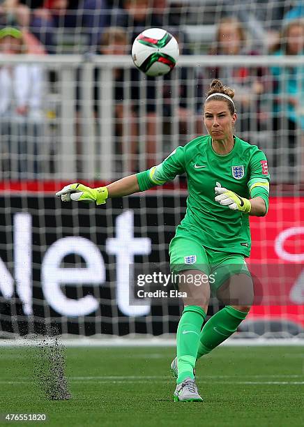 Karen Bardsley of England clears the ball in the first half against France during the FIFA Women's World Cup 2015 Group F match at Moncton Stadium on...