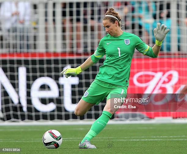 Karen Bardsley of England clears the ball in the first half against France during the FIFA Women's World Cup 2015 Group F match at Moncton Stadium on...