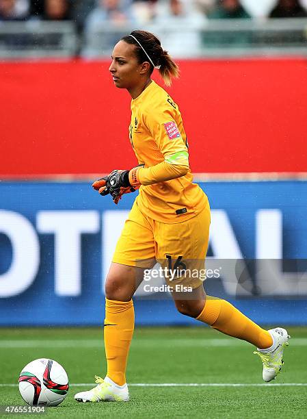 Sarah Bouhaddi of France takes the ball in the second half against England during the FIFA Women's World Cup 2015 Group F match at Moncton Stadium on...