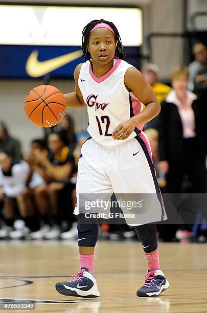 Danni Jackson of the George Washington Colonials handles the ball against the Virginia Commonwealth University Rams at the Smith Center on February...