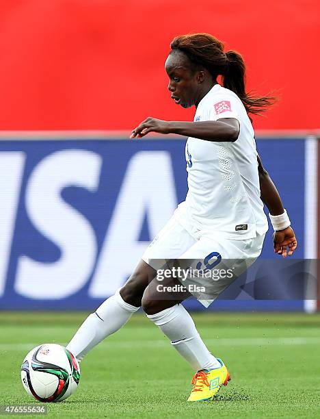 Eniola Aluko of England takes the ball in the first half against France during the FIFA Women's World Cup 2015 Group F match at Moncton Stadium on...