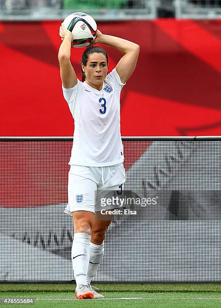 Claire Rafferty of England sends the ball in during the first half against France during the FIFA Women's World Cup 2015 Group F match at Moncton...