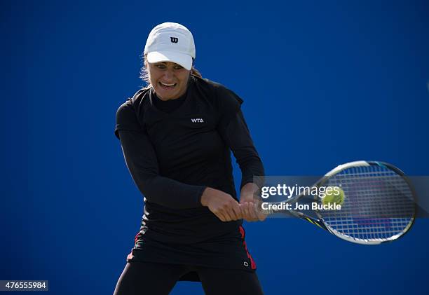 Monica Niculescu of Romania returns a shot during her match against Olga Govortsova of Belarus on day three of the WTA Aegon Open Nottingham at...