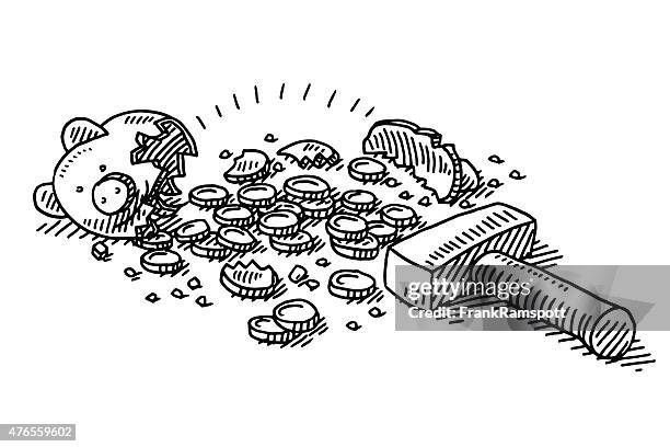 knacken sparschwein münzen zeichnung - haushaltskosten stock-grafiken, -clipart, -cartoons und -symbole