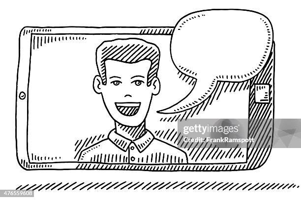 ilustrações, clipart, desenhos animados e ícones de homem falando no telefone inteligente tela de desenho - celular com câmera