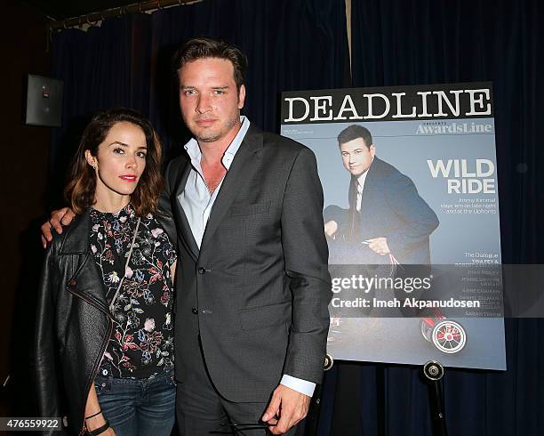 Actress Abigail Spencer and actor Aden Young attend Deadline Hollywood's 2015 Emmy party at The Spare Room on June 9, 2015 in Hollywood, California.