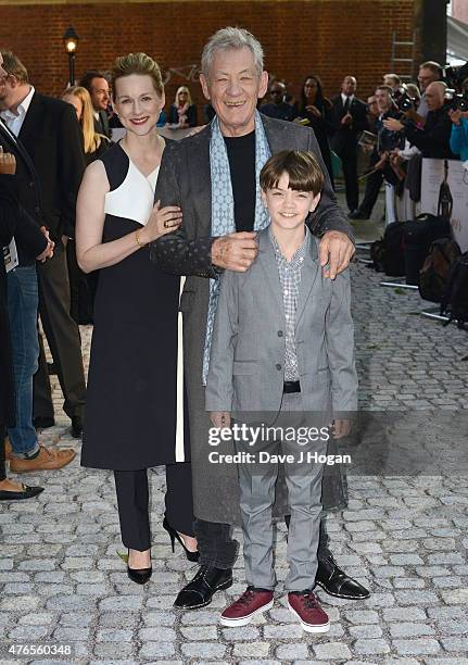 Actors Laura Linney, Sir Ian McKellen and Milo Parker attend the UK Premiere of "Mr Holmes" at the Odeon Kensington on June 10, 2015 in London,...