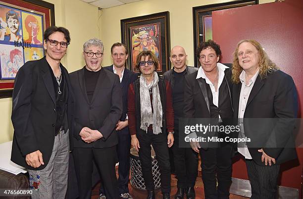 Steve Vai, Steve Miller, Joe Bonomasa, Johnny A., Joe Satriani, Neal Schon and Warren Haynes pose for a picture at Les Paul 100th Anniversary...