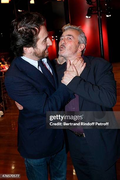 Edouard Baer and artist Herve Di Rosa attend the Martine Aublet Foundation gala dinner at the Musee Du Quai Branly on March 3, 2014 in Paris, France.