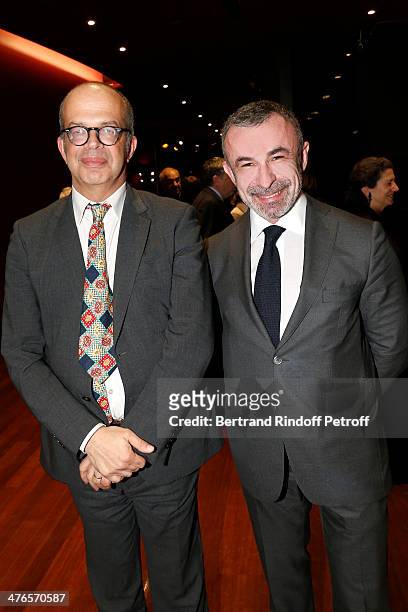David Kessler and Alain Seban president of Centre Pompidou attend the Martine Aublet Foundation Award Night at the Musee Du Quai Branly on March 3,...