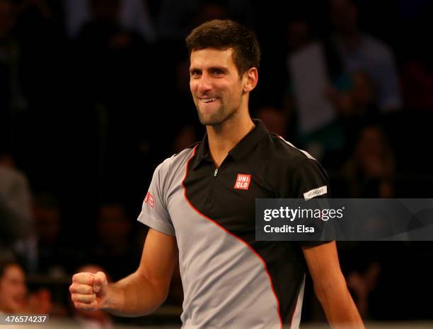 Novak Djokovic of Serbia celebrates his win over Andy Murray of Great Britain during the BNP Paribas Showdown at Madison Square Garden on March 3,...