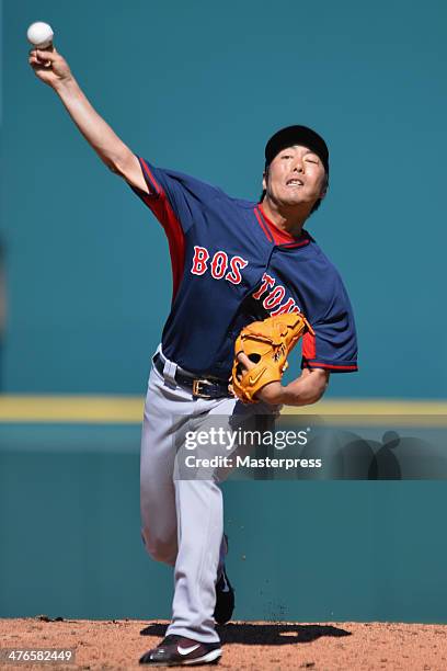 Koji Uehara of the Boston Red Sox pitches during the spring training game against the Pittsburgh Pirates at McKechnie Field on March 3, 2014 in...