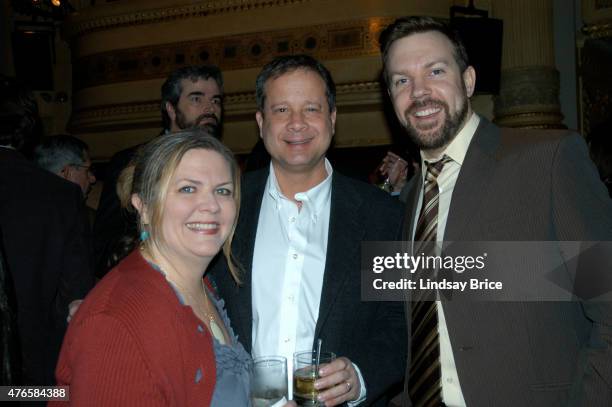 Actor and Comedian Jason Sudeikis and fellow SNL writer Paula Pell and producer Mike Shoemaker attend the Writers Guild East Awards on February 9,...