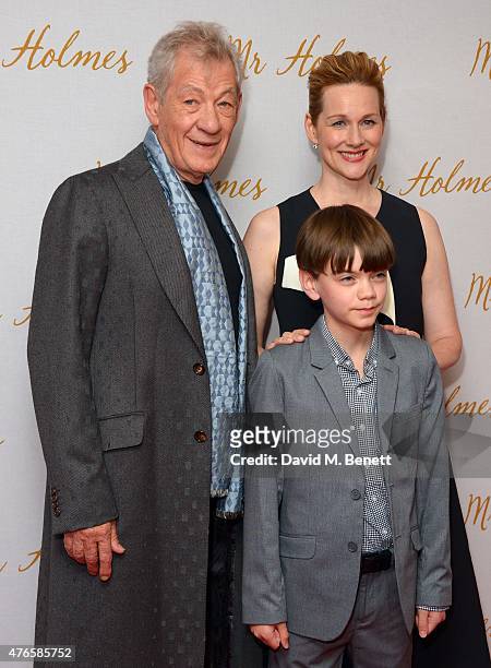 Ian McKellen, Laura Linney and Milo Parker attend the UK Premiere of "Mr Holmes" at ODEON Kensington on June 10, 2015 in London, England.