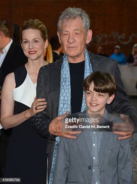 Ian McKellen, Laura Linney and Milo Parker attend the UK Premiere of "Mr Holmes" at ODEON Kensington on June 10, 2015 in London, England.