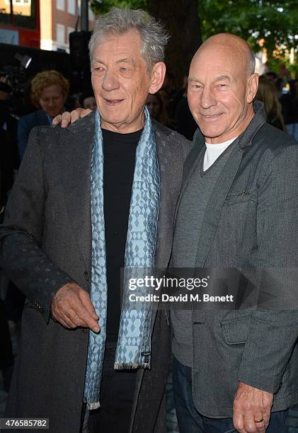 Ian McKellen and Patrick Stewart attend the UK Premiere of "Mr Holmes" at ODEON Kensington on June 10, 2015 in London, England.