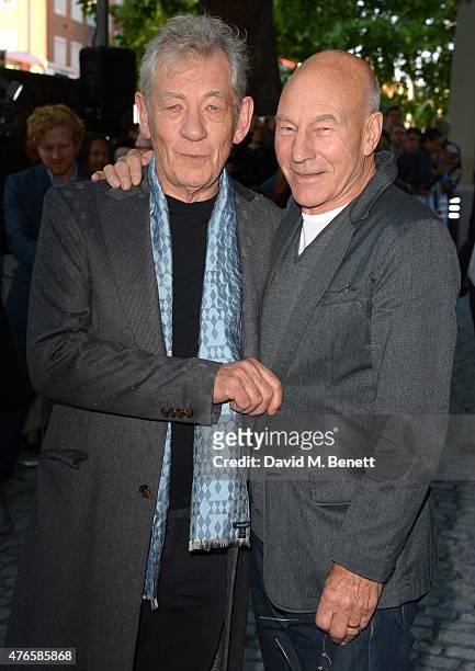 Ian McKellen and Patrick Stewart attend the UK Premiere of "Mr Holmes" at ODEON Kensington on June 10, 2015 in London, England.