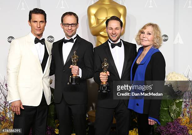 Actor Matthew McConaughey, Filmmakers Laurent Witz and Alexandre Espigares and actress Kim Novak pose in the press room at the 86th Annual Academy...