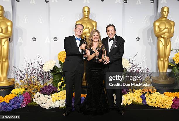 Chris Buck, Jennifer Lee, and Peter Del Vecho, winners of Best Animated Feature Film of the Year for "Frozen," in the press room at the 86th Annual...