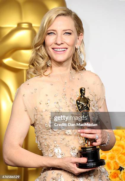 Cate Blanchett, winner of Best Actress for 'Blue Jasmine' poses in the press room at the 86th Annual Academy Awards at Hollywood & Highland Center on...