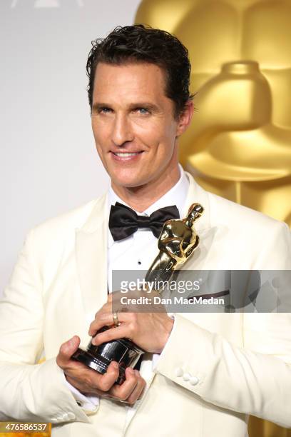 Matthew McConaughey, winner of Best Performance by an Actor in a Leading Role for 'Dallas Buyers Club' poses in the press room at the 86th Annual...