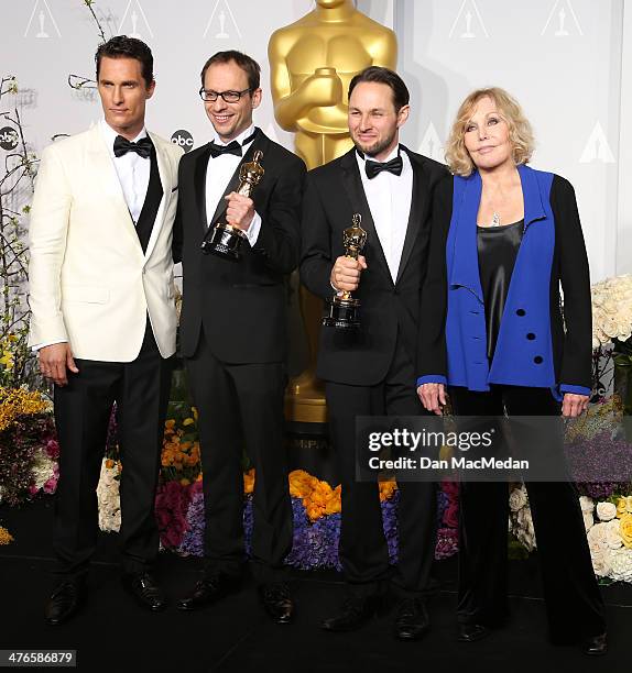 Actor Matthew McConaughey, Filmmakers Laurent Witz and Alexandre Espigares and actress Kim Novak pose in the press room at the 86th Annual Academy...