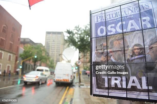 Newspaper headlines about the Oscar Pistorius trial outside the Pretoria High Court on March 3 in Pretoria, South Africa. Pistorius, stands accused...