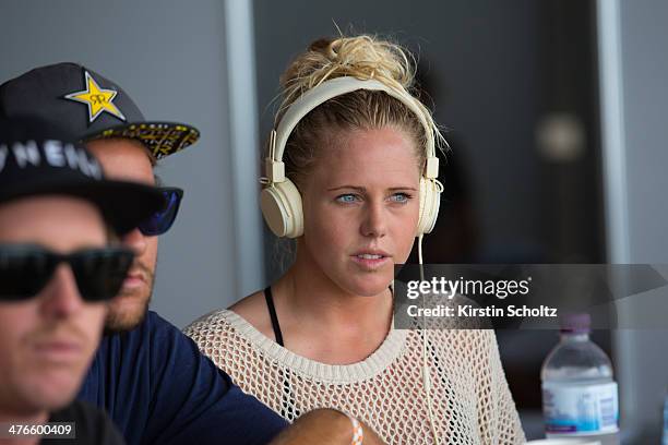 Laura Enever of Australia watches the action at teh Roxy Pro Gold Coast on March 4, 2014 in Gold Coast, Australia.