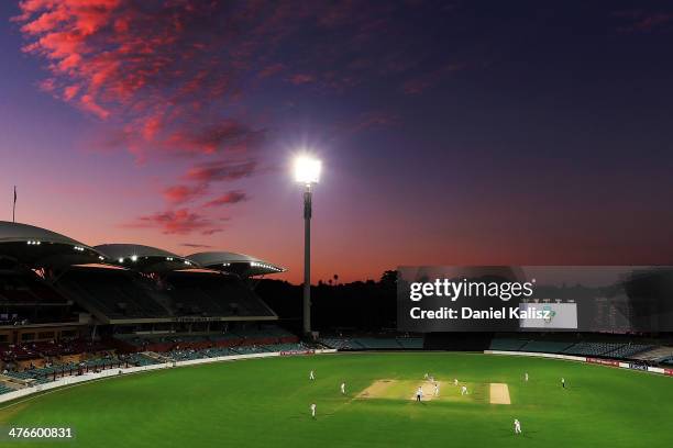 General view of play at sunset during day two of the Sheffield Shield match between South Australia and New South Wales at Adelaide Oval on March 4,...