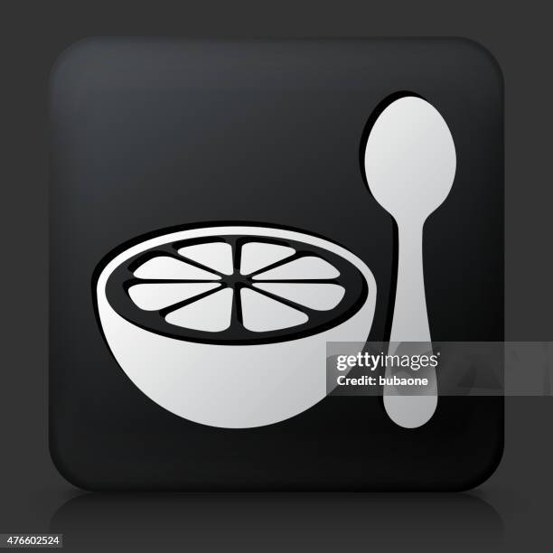 black square button with lemon and spoon - lemon black background stock illustrations