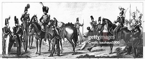 british infantry and cavalry ranks and uniforms engraving - british forces stock illustrations