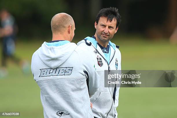 Coach Laurie Daley and assistant coach Nathan Brown talk during the New South Wales Blues State of Origin team training session at the Novotel on...