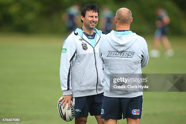 Coach Laurie Daley and assistant coach Nathan Brown talk during the New South Wales Blues State of Origin team training session at the Novotel on...