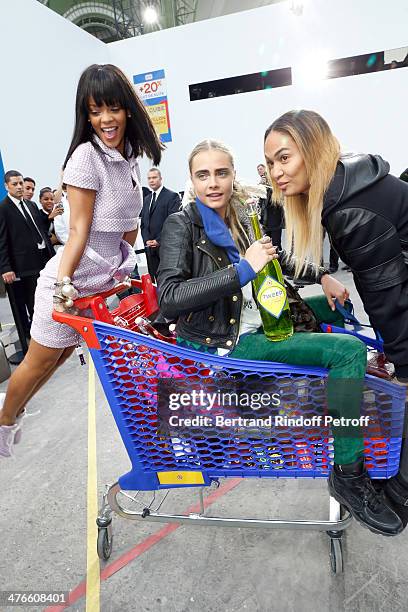 Singer Rihanna, model Cara Delevingne and a model have fun after the Chanel show as part of the Paris Fashion Week Womenswear Fall/Winter 2014-2015...