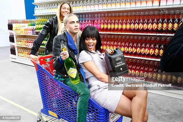 Singer Rihanna , model Cara Delevingne and a model have fun after the Chanel show as part of the Paris Fashion Week Womenswear Fall/Winter 2014-2015...