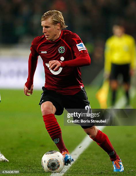 Frantisek Rajtoral of Hannover 96 runs with the ball during the Bundesliga match between Hannover 96 and FC Bayern Muenchen at HDI-Arena on February...