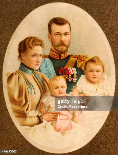 Vintage portrait of Russia's royal family, Tsarina Alexandra, Tsar Nicholas and their daughters, Grand Duchess Tatiana and Grand Duchess Olga, circa...