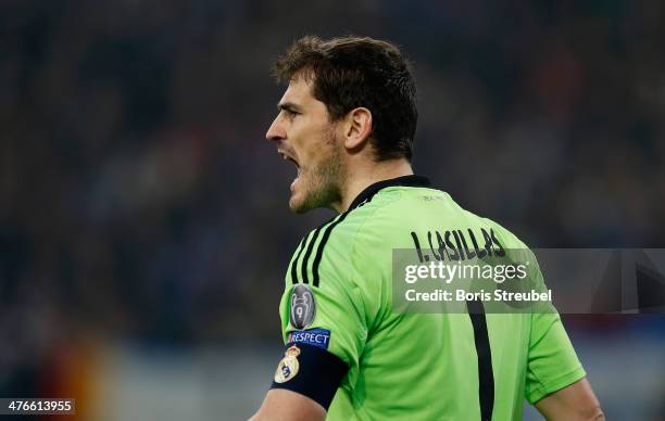 Goalkeeper Iker Casillas of Real Madrid reacts during the UEFA Champions League Round of 16 first leg match between Schalke 04 and Real Madrid CF at...