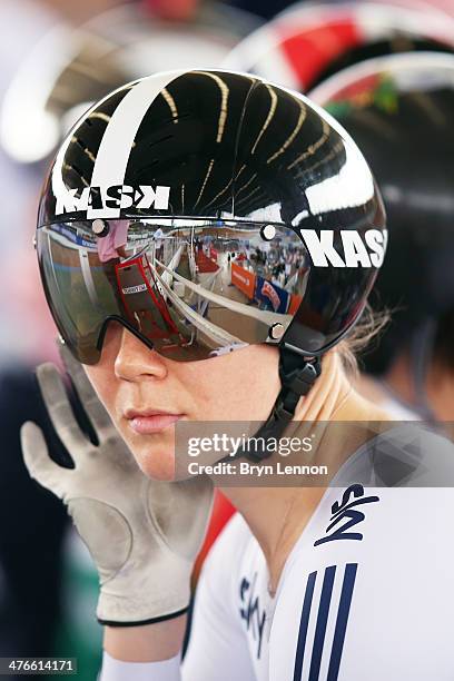 Jessica Varnish of Great Britain prepares to ride in a round of the Women's Sprint on day five of the 2014 UCI Track Cycling World Championships at...