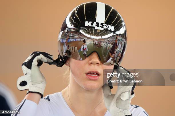 Jessica Varnish of Great Britain removes her helmet after a round of the Women's Sprint on day five of the 2014 UCI Track Cycling World Championships...