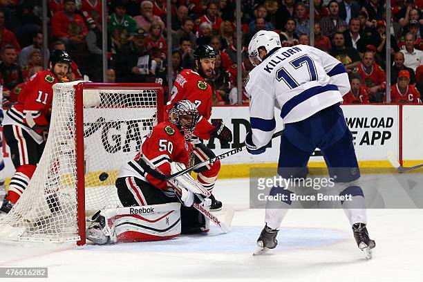 Alex Killorn of the Tampa Bay Lightning scores a goal in the second period against the Chicago Blackhawks during Game Four of the 2015 NHL Stanley...
