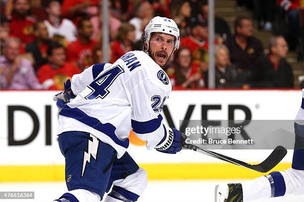 Ryan Callahan of the Tampa Bay Lightning reacts against the Chicago Blackhawks during Game Four of the 2015 NHL Stanley Cup Final at the United...