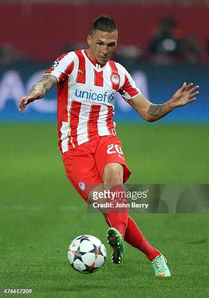 Jose Holebas of Olympiacos FC in action during the UEFA Champions League round of 16 between Olympiacos FC and Manchester United at Karaiskakis...